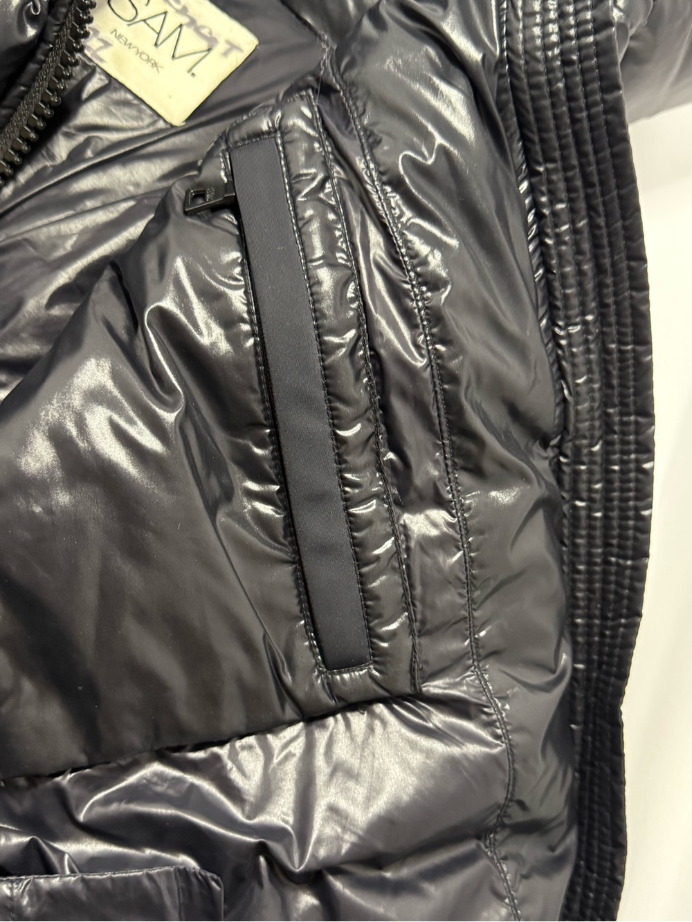 SAM. New York Black Glossy Goose Down Puffer Jacket XS Thumbhole Cuffs - Picture 13 of 14